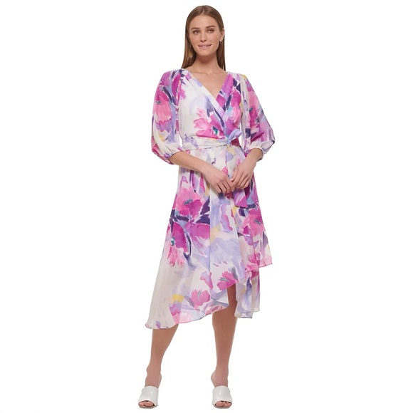 DKNY Women’s Floral-Print Balloon-Sleeve Tie-Waist V-Neck Dress, Size 18W - Picture 3 of 8